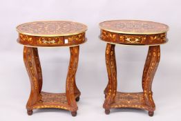 A PAIR OF FRENCH STYLE MAHOGANY AND MARQUETRY OVAL TWO-TIER SINGLE DRAWER OCCASIONAL TABLES, with