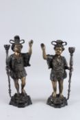 A PAIR OF CHINESE BRONZE FIGURES each holding a staff. 11ins high.