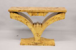 A GOOD ART DECO DESIGN MAPLEWOOD CONSOLE with a single drawer. 4ft long x 2ft 10ins high.