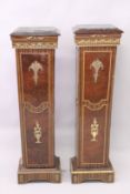 A PAIR OF FRENCH STYLE FAUX ROSEWOOD AND BURR WOOD, ORMOLU AND MARBLE TOP PEDESTAL COLUMNS, 4ft 4ins