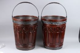 A GOOD PAIR OF BRASS BOUND PEAT BUCKETS. 1ft 6ins high.
