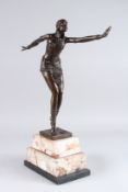 AFTER D H CHIPARUS, A PATINATED BRONZE FIGURE OF AN ART DECO DANCER, mounted on a stepped marble