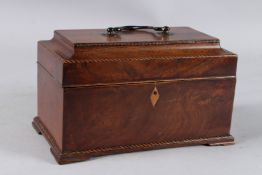 A GOOD GEORGE III MAHOGANY THREE DIVISION TEA CADDY on bracket feet. 9ins high.