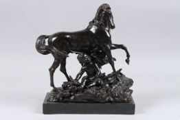 200A SUPERB BRONZE HORSE AND CUPID on a rectangular base. 12ins high.