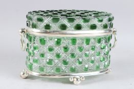 A GOOD LARGE GREEN CUT GLASS OVAL PLATED CASKET. 10ins high.