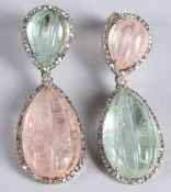 A PAIR OF LARGE SILVER DROP EARRINGS set with carved morganites and aquamarines, and R/C diamonds,