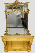 A SUPERB LOUIS XVITH DESIGN GILTWOOD MARBLE TOP CONSOLE AND MIRROR. Console 3ft 4ins high, Mirror