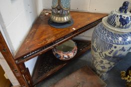 AN UNUSUAL CHINESE INLAID HARDWOOD AND CARVED DECORATED TWO-TIER CORNER TABLE.