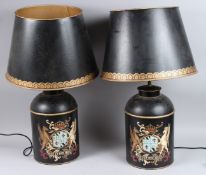 A PAIR OF TOLEWARE LAMPS AND SHADES.