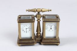 A DOUBLE BRASS MINIATURE CARRIAGE CLOCK with carrying handles. 4ins high.