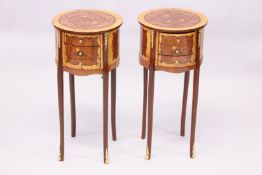 A PAIR OF FRENCH STYLE MARQUETRY AND ORMOLU THREE DRAWER CIRCULAR BEDSIDE TABLES. 2ft 3ins high.