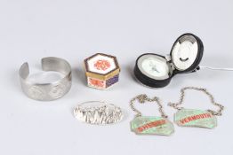 SHERRY AND VERMOUTH LABELS, CLOCK, PORCELAIN BOX, BROOCH AND BRACELET.
