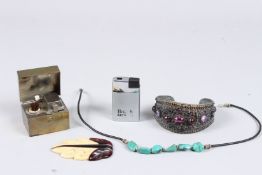 A BRASS INKWELL, BRACELET, LEAF AND NECKLACE, LIGHTER (5).