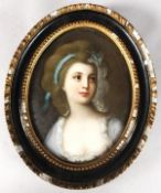 A GOOD 19TH CENTURY GERMAN PORCELAIN OVAL PLAQUE depicting ZOFIA POTOCKA in an ebonised frame.