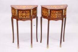 A PAIR OF FRENCH STYLE MARQUETRY AND ORMOLU THREE DRAWER SERPENTINE BEDSIDE TABLES. 2ft 3.5ins