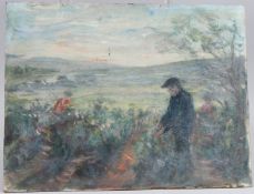 GEORGE WEISSBORT (1928 - 2013) A LANDSCAPE with a man pruning flowers. Board. 10.5