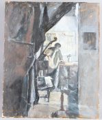 GEORGE WEISSBORT (1928-2013) Interior with figures. Oil on board, unframed. 29