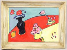 WILDHEART (20TH CENTURY) table top with flowers in pots, oil on board, signed, 74 109cm