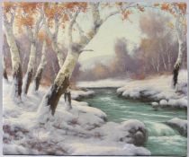 BELA GABRIS (20TH CENTURY) Winter landscape with trees and river, oil on canvas, signed, 51 x 61cm