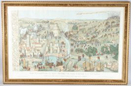 JAMES BASIRE AFTER S H GRIMM, The Departure of King Henry VIII from Calais, coloured engraving by