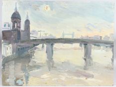 MANNER OF KEN HOWARD View from Southwark Bridge with Tower Bridge beyond, oil on board, 45.5 x