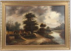 R KEEN (LATE 19TH EARLY 20TH CENTURY) Figures on a country lane, oil on canvas, signed, 50 x 76cm