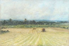 ARTHUR GEORGE BELL (1849-1916) Harvesting, oil on panel, signed, unframed, 37 x 55cm