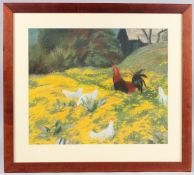 YURI KRUGLOV (b.1947) Chickens in a field, watercolour gouache on paper, signed with initials 35 x