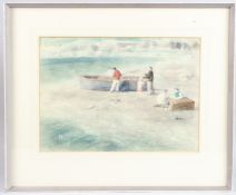 GEORGE WEISSBORT (1928-2013) On the Beach, figures and boat. Watercolour. 11
