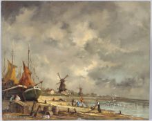 GUDRUN SIBBONS (1925-2020) Dutch coastal scene with fisherfolk, oil on board, signed, 40.5 x50.5cm