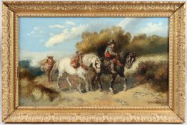 BRITISH SCHOOL (19TH CENTURY) Pack horses on a track, oil on canvas, signed indistinctly, 29.5 x