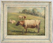 ENGLISH SCHOOL (EARLY 20TH CENTURY) Cattle on a hillside pasture, oil on canvas, signed Hancock?
