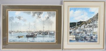 W.P. HAWORTH 'The Busy Harbour, Polperro' watercolour, label verso, signed, 43 x 35cm and another