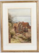 DAVID LAW Buildings at the coast, watercolour, signed, 34 x 22.5cm