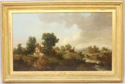 JOSEPH VINCENT BARBER (1788-1838) River landscape with cottages and figures large oil on canvas,