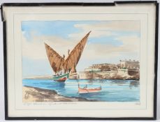 EDWIN GALEA 'Gozo Boat in Grand Harbour' watercolour, signed and inscribed in pencil, dated 1962