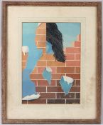 AFTER LA BISSE profile of a woman within a brickwall, gouache, 38cm x 27.5cm