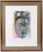 Pietro Psaier (Italian, b.1936) portrait of Frida Kahlo coloured print, signed in pencil, 59 x 46.