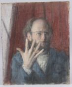 GEORGE WEISSBORT (1928 - 2013) PORTRAIT OF THE ARTIST holding up five fingers. Board. 16