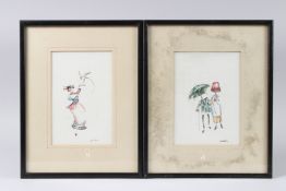 JULIA WHATLEY (b.1957) humorous couple with heads as an umbrella and light shade, 22 x 16cm and a