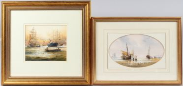 KEN HAMMOND Fishing boats at low tide, gouache, oval mount, 15 x 25cm and a busy Thames scene, oil