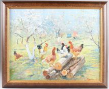 VITALY BARANENKO (20TH CENTURY) Chickens amongst blossom trees, oil on canvas, signed, 38.5 x 49cm