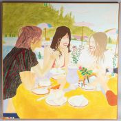 DEREK WILLEY (20TH CENTURY) Young people at a pool side table, oil on canvas, signed verso and dated