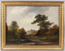 R. PERCY (19TH CENTURY) Countryside landscape of figures and cottages, oil on canvas, signed, 44 x