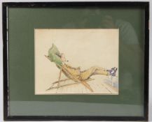CIRCLE OF LANCE THACKERAY An army officer reclining on a deckchair, watercolour, 17 x 22cm