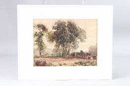 ATTRIBUTED TO PETER DE WINT (1784-1849) figures and cart on a country path, watercolour, unframed,