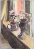 MODERN BRITISH SCHOOL Still life of flowers in pots, oil on board, reverse with an oil sketch,