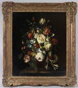 J.REINHARDT (EARLY 20TH CENTURY) Still life of mixed flowers in an urn on a ledge, oil on board,