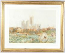 HARRY HINES (19TH CENTURY) View across allotments of Canterbury Cathedral, watercolour, signed, 46 x
