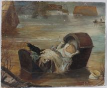 VICTORIAN SCHOOL Dramatic scene of a flood with a child in a cot, oil on canvas, unframed, 45.5 x